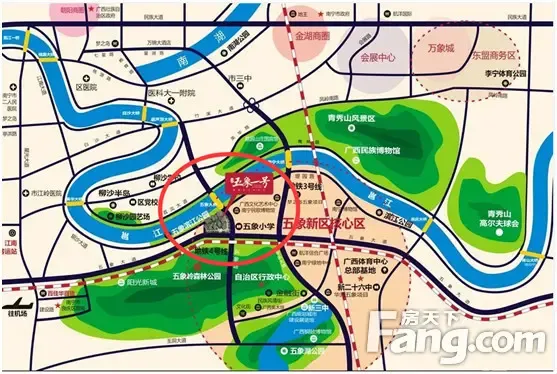 地处南宁市新的行政中心五象新区核心区域:国宾馆荔园山庄对面,五象