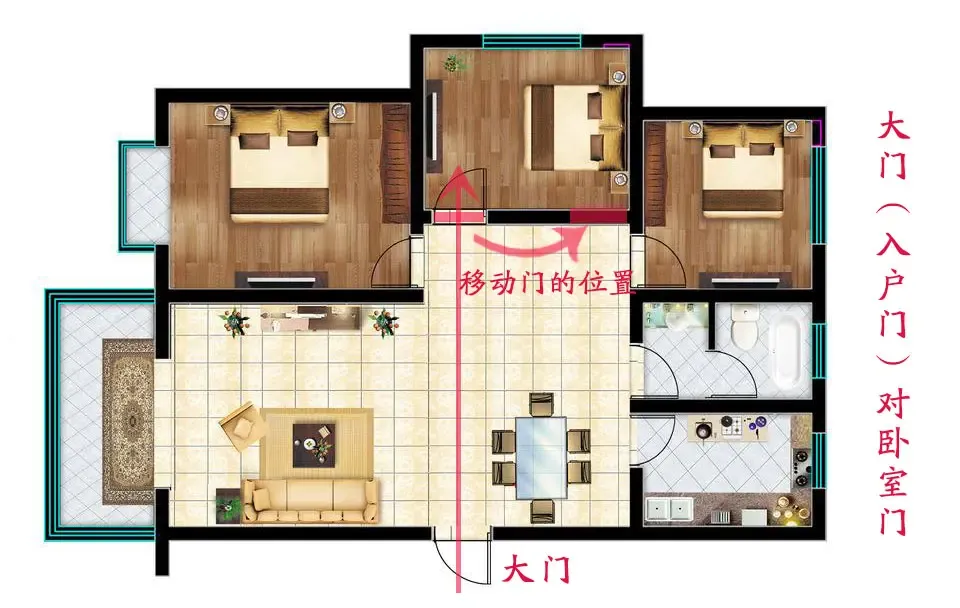 大门对着卧室,一个隐私全无,另一个,大门口的气流和卧室的气流对冲