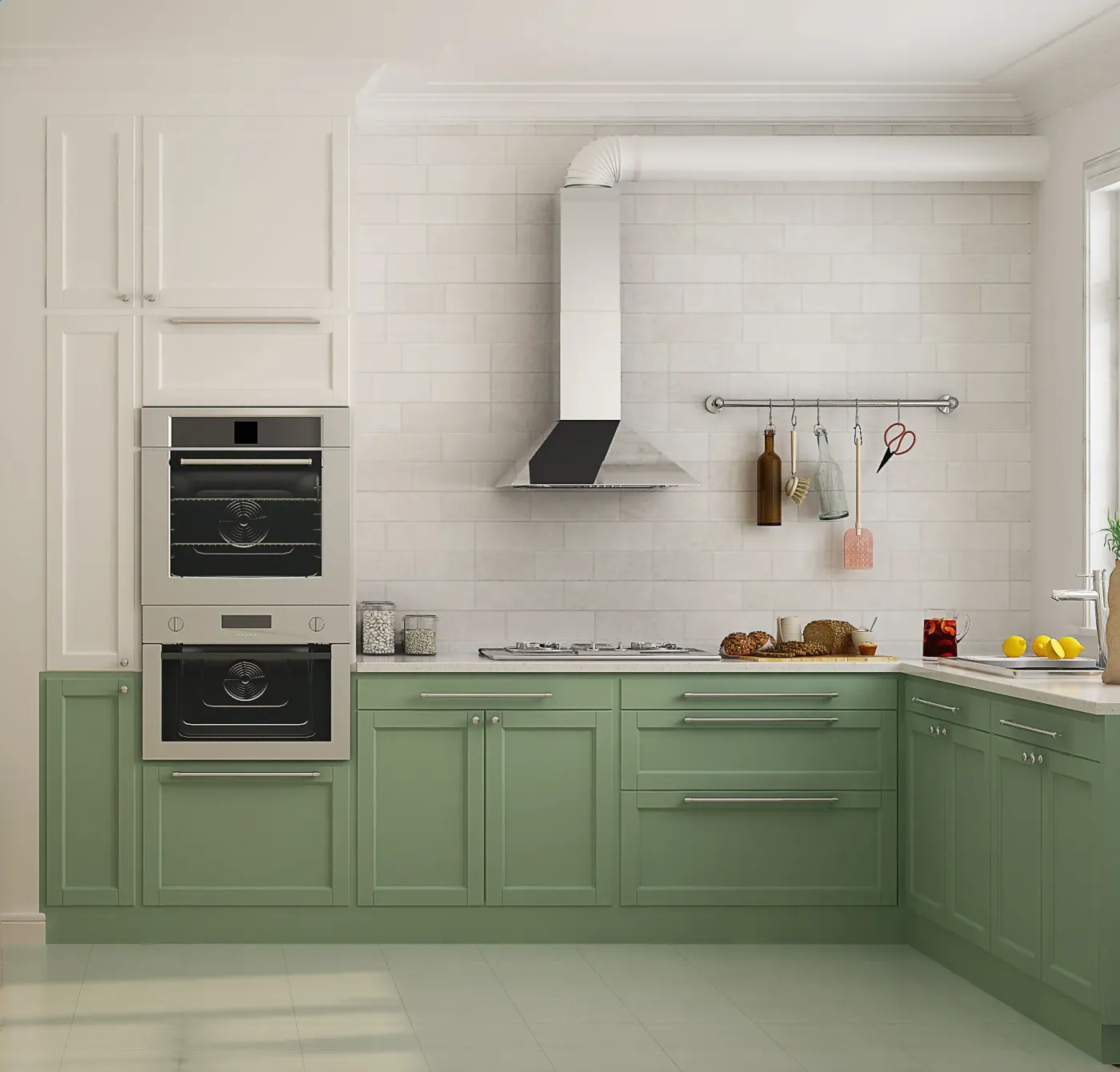 搭配镶嵌式的绿色橱柜,地砖选用与墙体相呼应的灰色调砖,整体格调散发